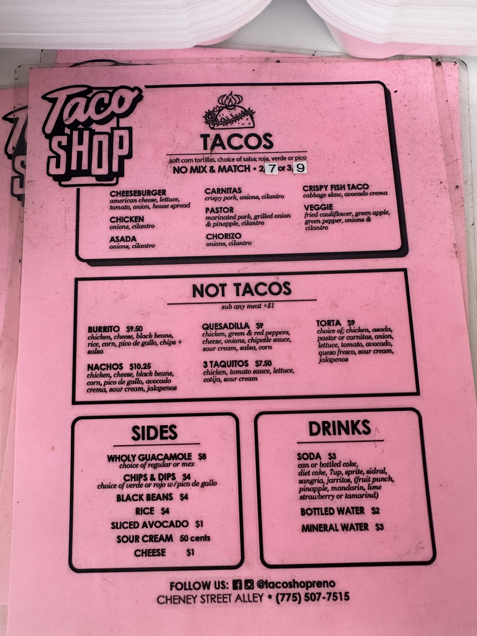 Taco Shop printed menu